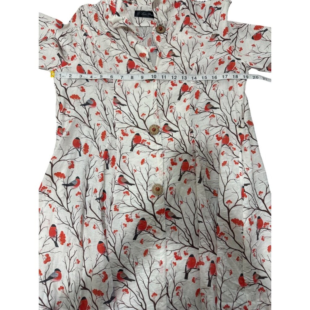 E-Laine Design Womens Size M Tunic Bird Robin Print Top Button-Front 3/4 Sleeves - Picture 6 of 7